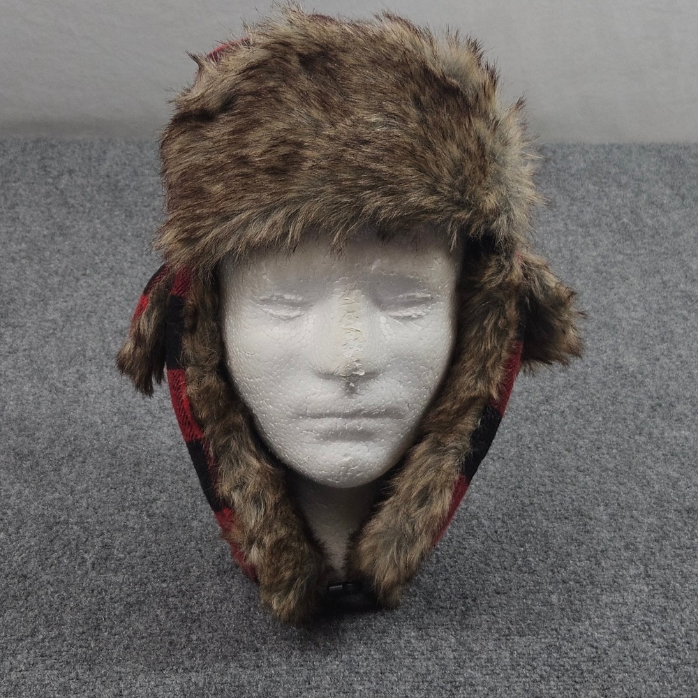 SA Trapper Hat Red Black Buffalo Plaid Faux Fur Lined Winter Trooper Cap